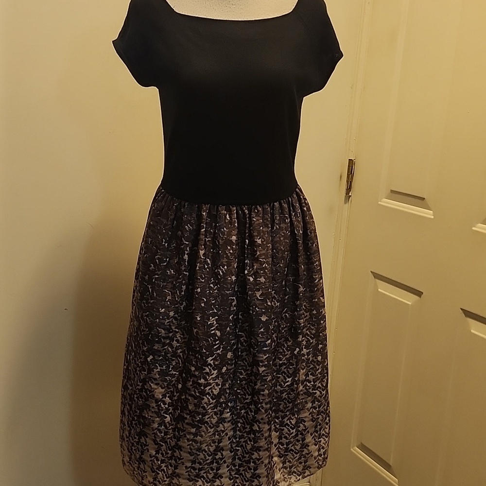 Mixt By Heidi Weisel‎ Womens L Black Knit Square Neck Tafatta Dress Tea Midi